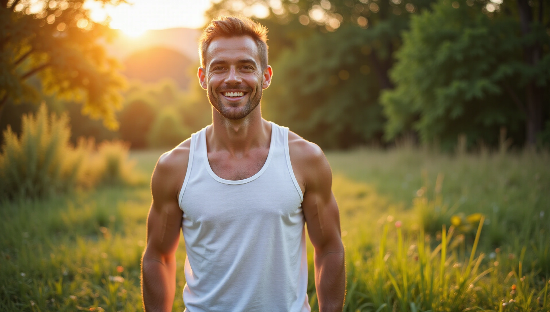 Hombre atlético y sonriente en un entorno natural, simbolizando vitalidad y salud masculina.